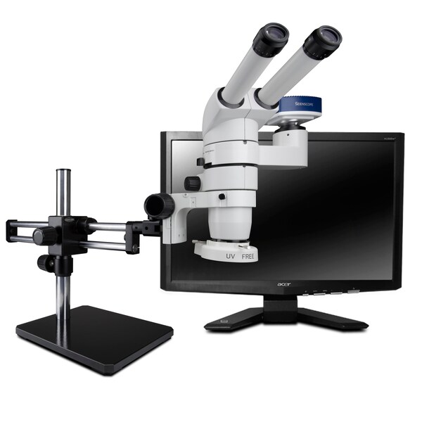 Ergo Stereo Zoom Microscope With LED Ring, Camera On Dual Arm Stand